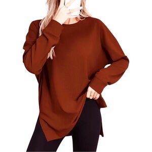 LAUGHIDO Caramel Burnt Orange Long Sleeve Oversized Sweatshirts Pullover Large